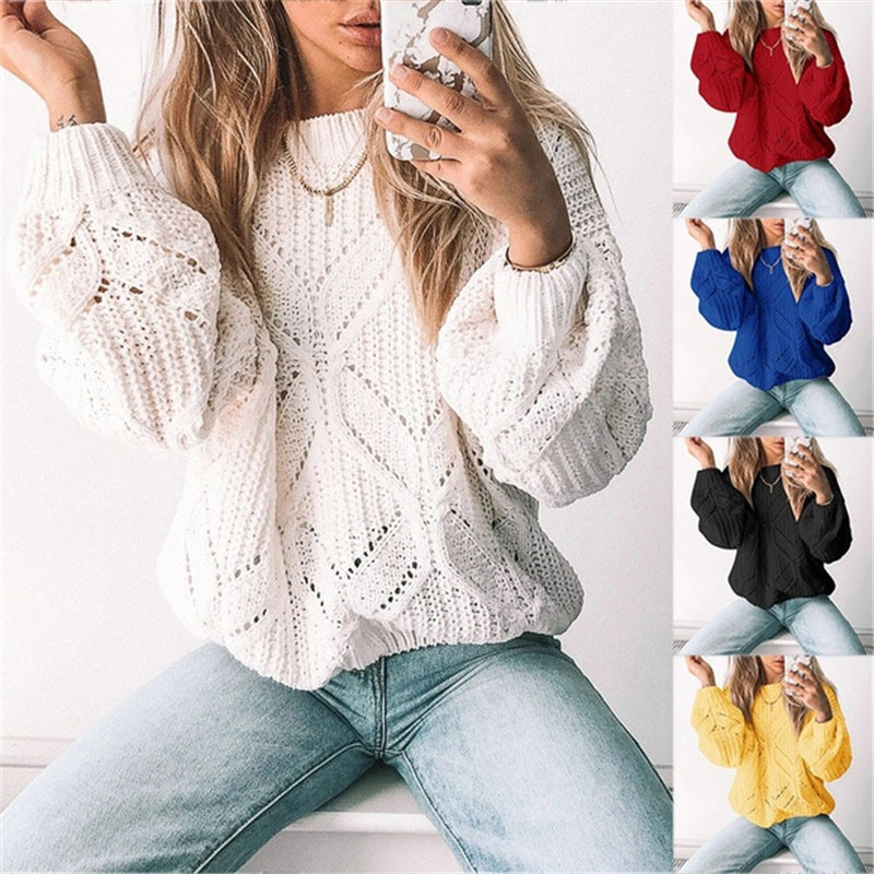 Women's Irregular Hollow-Out V-Neck Long Sleeve Sweater