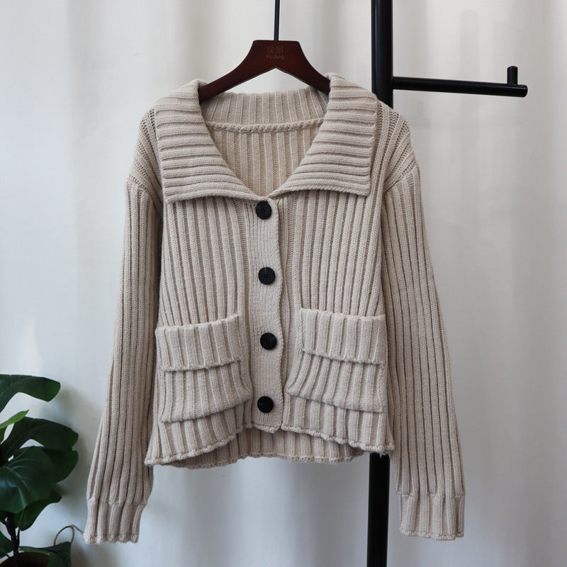 Autumn Winter Retro Lapel Loose High-grade Sweater Coat For Women