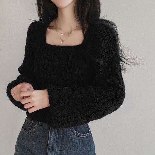 Cable-knit Sweater Lantern Sleeve Solid Color Square Collar Pullover Sweater