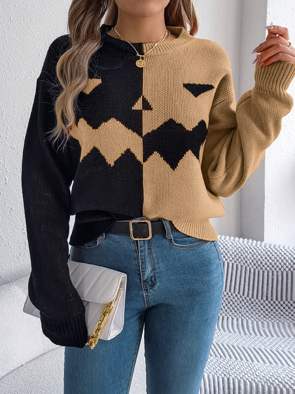Women Ghost Pumpkin Color Block Long Sleeve Pullover Sweater
