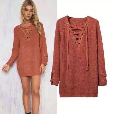 2026 Women's V-Neck Mesh Tie Sweater Striped Bandage Cross Chain Top Casual Loose Pullover