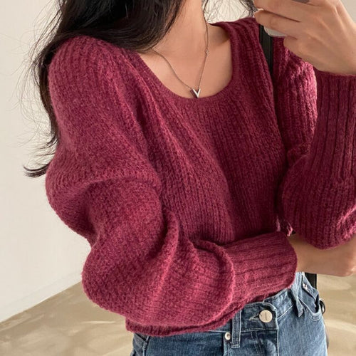 Square-neck Cinched Slimming Pure Color All-matching Fashionable Sweater Women