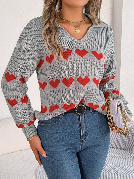 Women Casual V-Neck Lantern Sleeve Color Block Heart Pullover Sweater