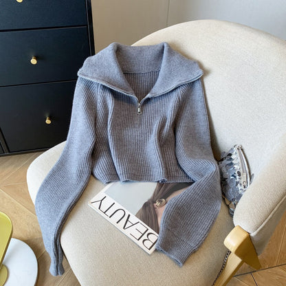Women's Zipper Sweater Lapel Cropped Sweater Coat
