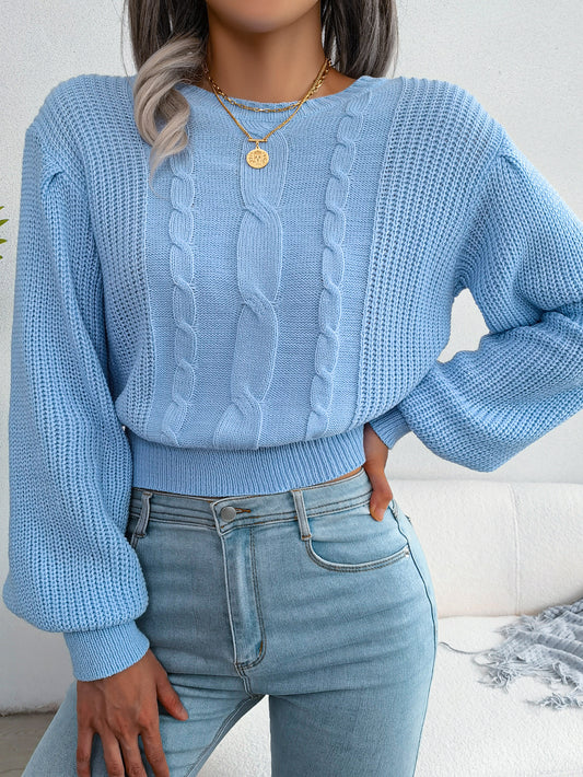 Women Casual Cable Knit Lantern Sleeve Cinched Sweater