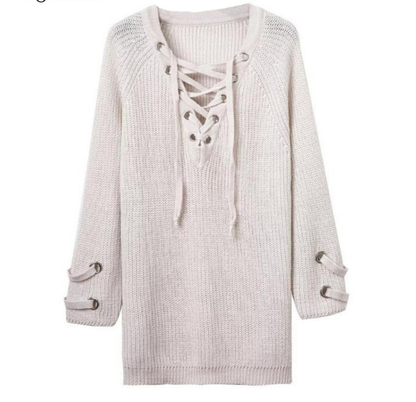 2026 Women's V-Neck Mesh Tie Sweater Striped Bandage Cross Chain Top Casual Loose Pullover