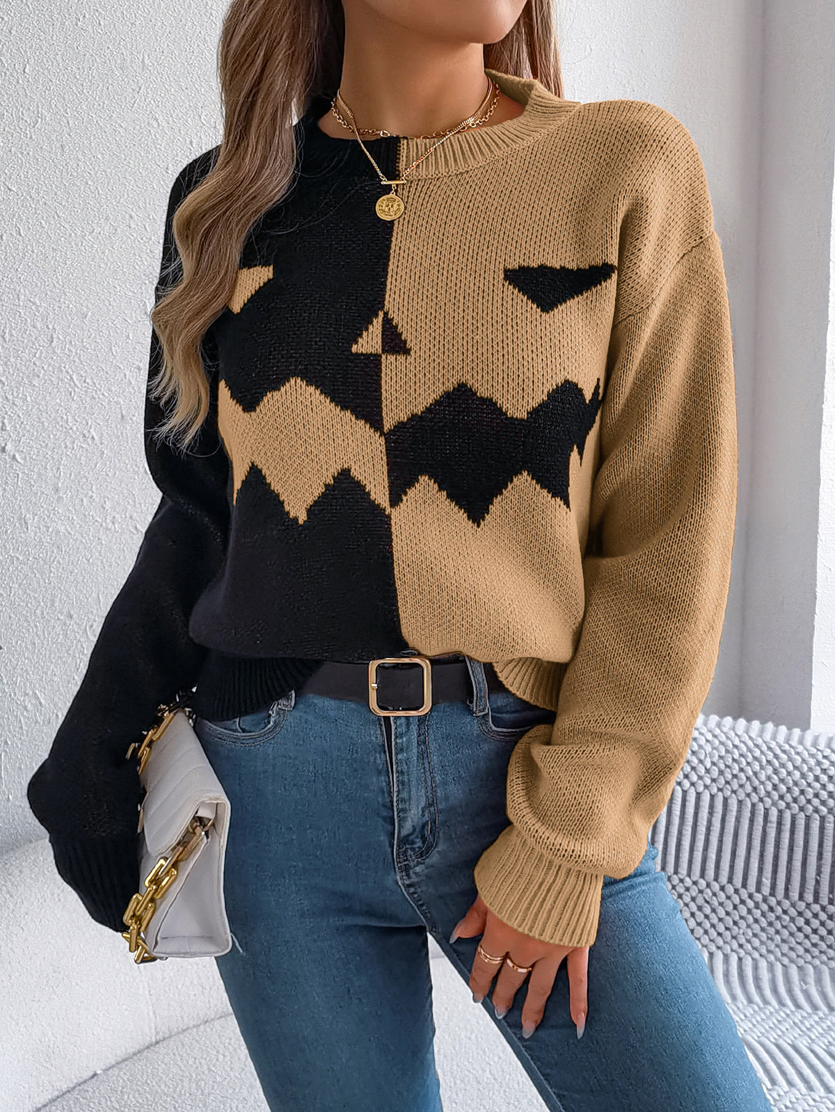 Women Ghost Pumpkin Color Block Long Sleeve Pullover Sweater