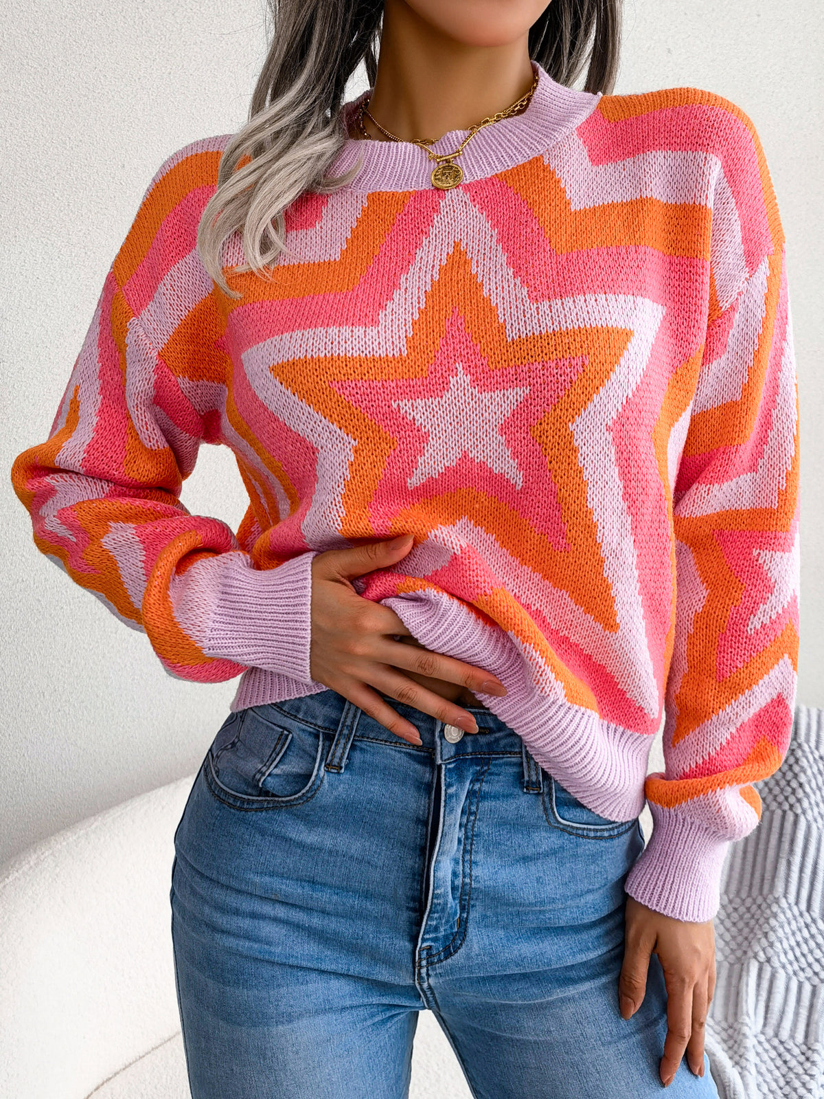 Women Fashion Color Block Star Long Sleeve Pullover Sweater