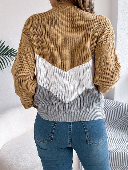 Women Casual Color Block Cable Knit Lantern Sleeve Pullover Sweater