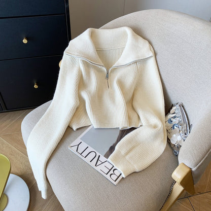 Women's Zipper Sweater Lapel Cropped Sweater Coat