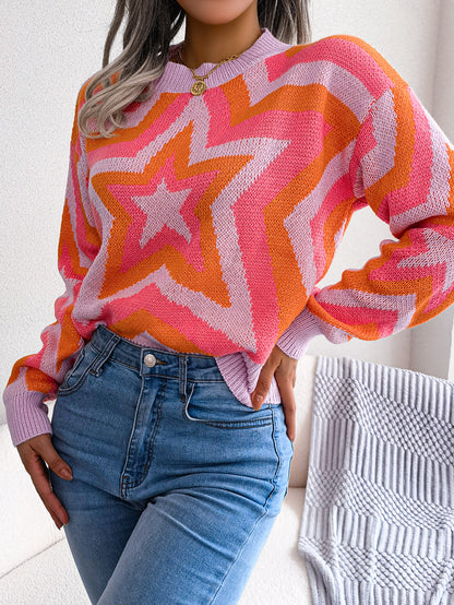 Women Fashion Color Block Star Long Sleeve Pullover Sweater