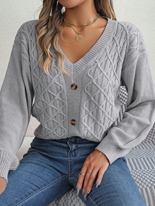 Women Casual Button Cable Knit Lantern Sleeve Pullover Sweater