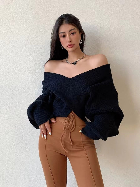 Loose Cross Sweater Women's Off-shoulder Sweater Top