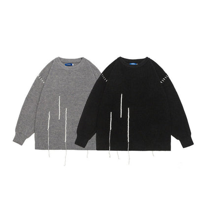 Tie-Detail Patchwork Design Unisex Loose Casual Knitwear