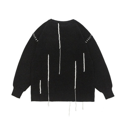 Tie-Detail Patchwork Design Unisex Loose Casual Knitwear